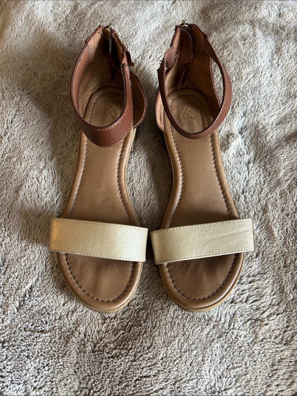 Justice Ankle-Strap Sandals in Brown and Metallic Cream
